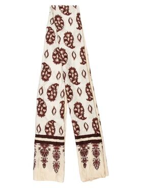 Johanna Ortiz Cream and Brown Silk Scarf Shawl with Brown Paisley Print OS